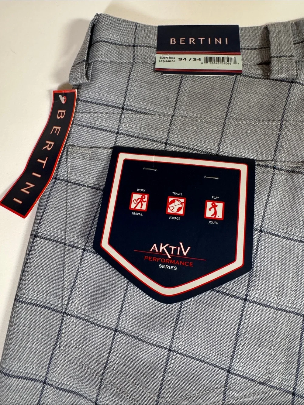 NWT Bertini AKTIV Performance Pants Men’s Size 34 Gray Plaid Stretch Golf Travel